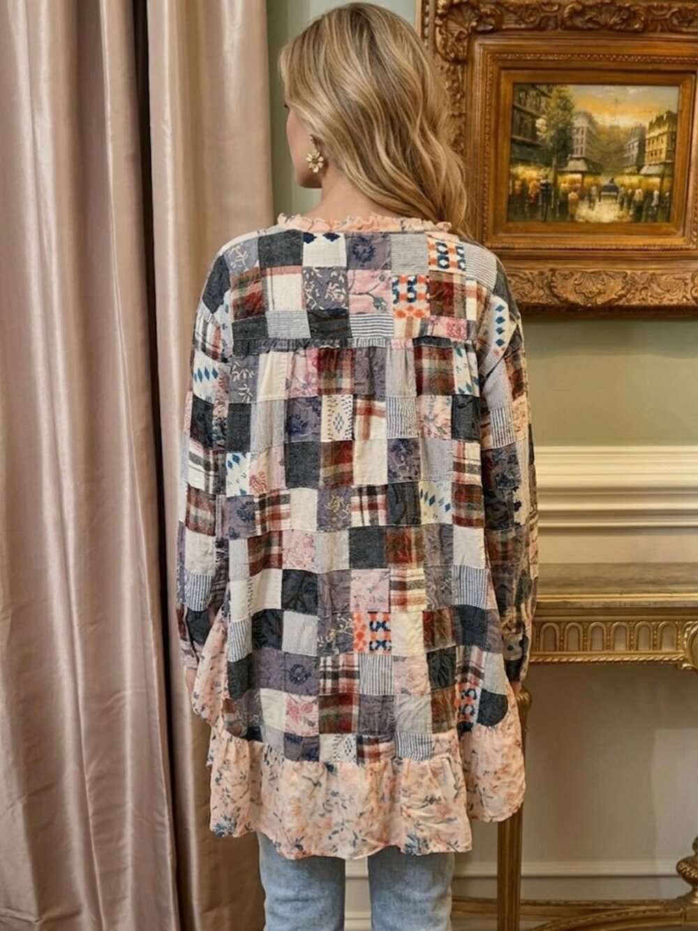 NWOT A Rare Bird Boho Patchwork Ruffled High Low Top Shirt Blouse O/S One Size - Picture 3 of 7